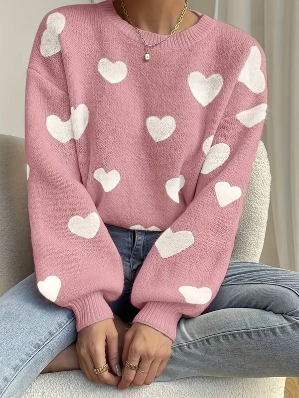 Women's Knit Sweater Heart Pattern Jumper Wool Mix Crew Neck Pullover