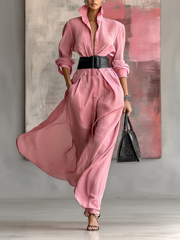 Maxi Shirt Dress with Belt - Long Sleeve Button Front Dress