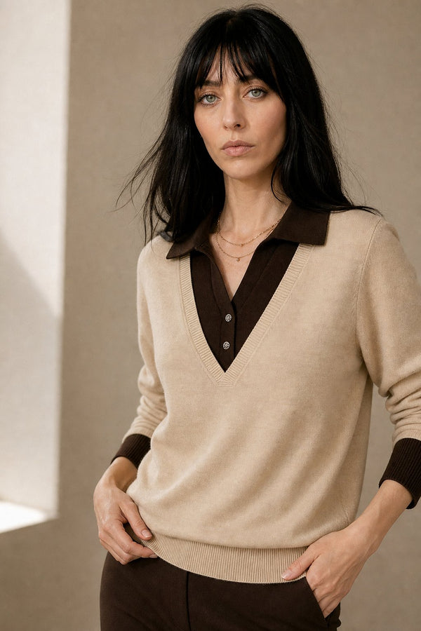 Women's Knit Sweater Collared V-Neck Pullover Top