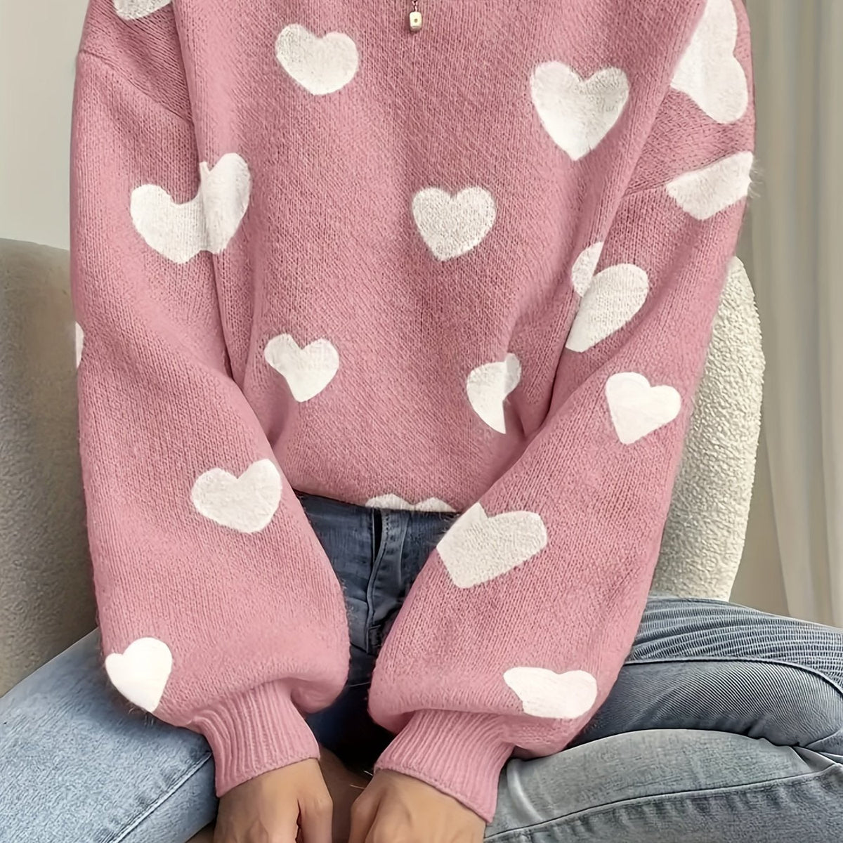 Women's Knit Sweater Heart Pattern Jumper Wool Mix Crew Neck Pullover