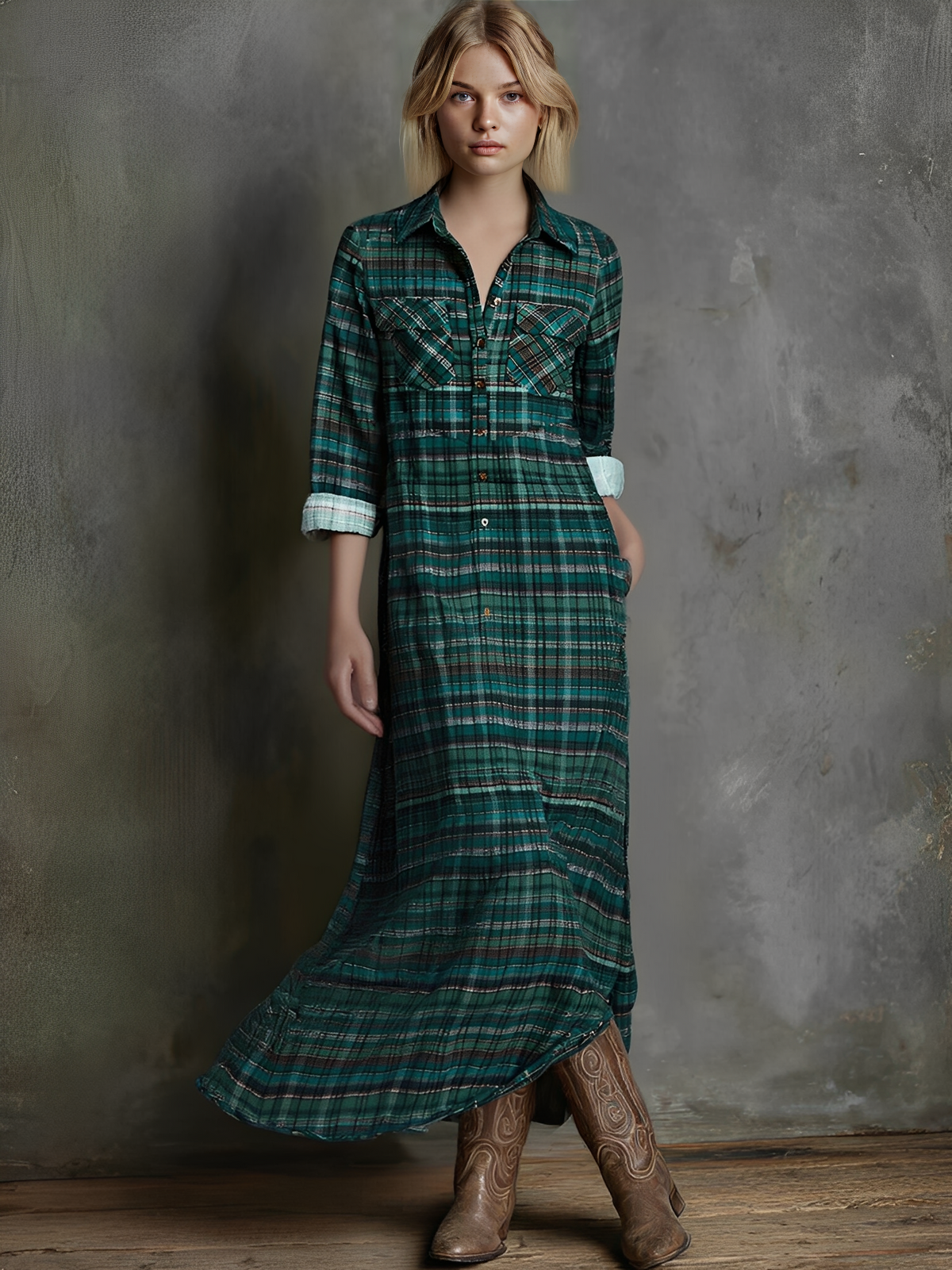 Plaid Shirt Maxi Dress Long Sleeve Relaxed Fit