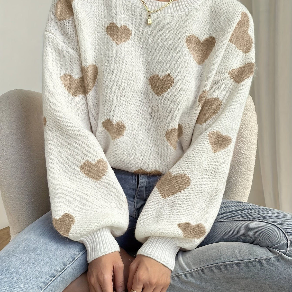 Women's Knit Sweater Heart Pattern Jumper Wool Mix Crew Neck Pullover