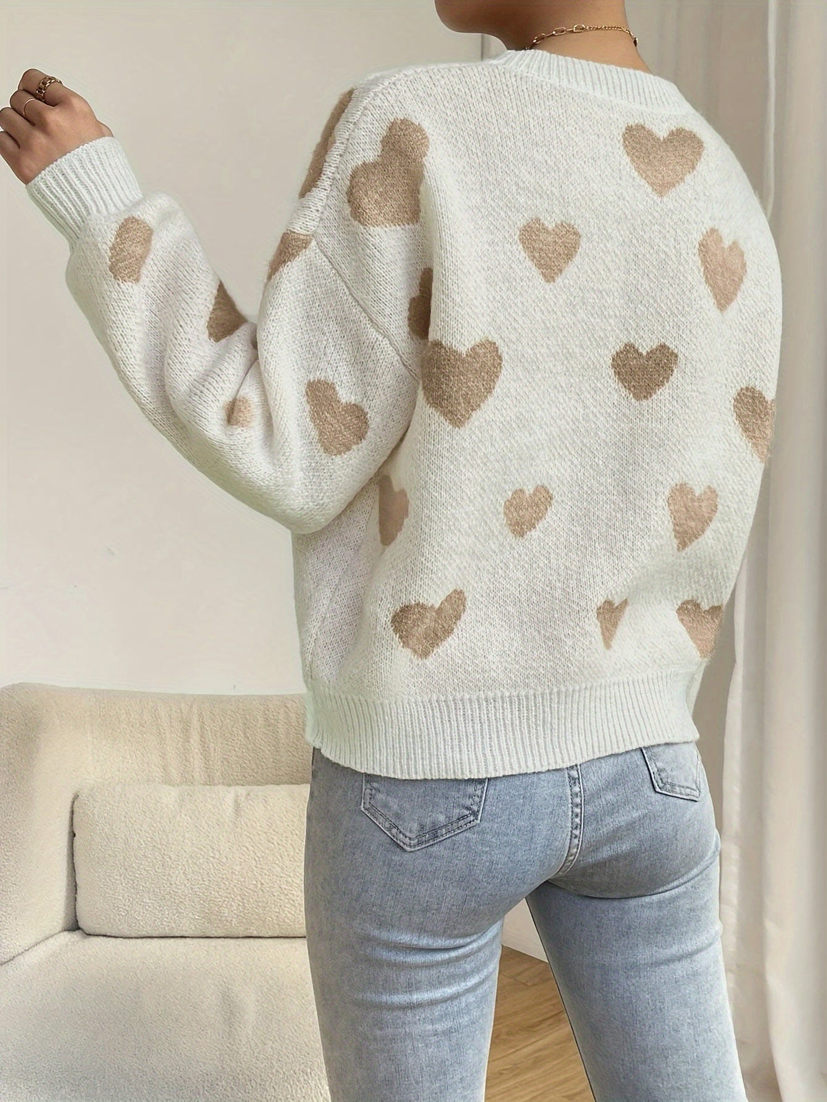 Women's Knit Sweater Heart Pattern Jumper Wool Mix Crew Neck Pullover