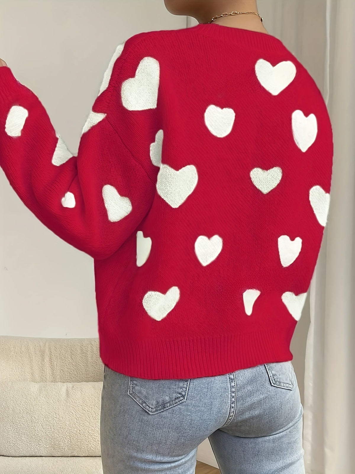 Women's Knit Sweater Heart Pattern Jumper Wool Mix Crew Neck Pullover