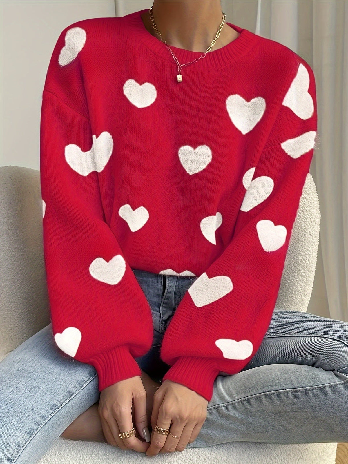 Women's Knit Sweater Heart Pattern Jumper Wool Mix Crew Neck Pullover