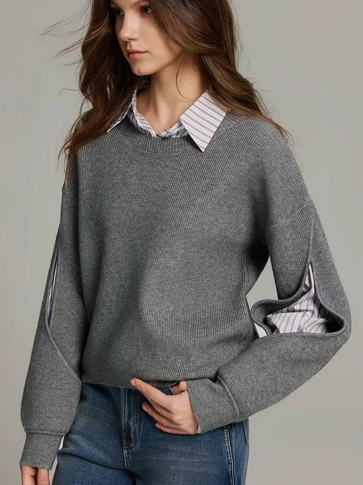 Women Knit Jumper Crew Neck Pullover Sweater Layered Long Sleeve Top