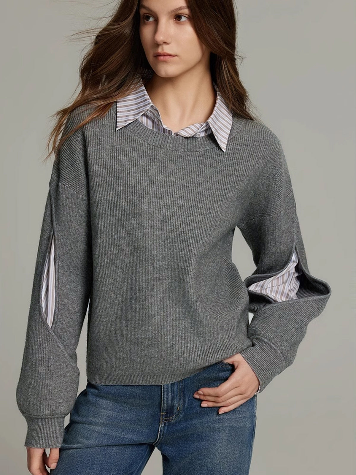 Women Knit Jumper Crew Neck Pullover Sweater Layered Long Sleeve Top
