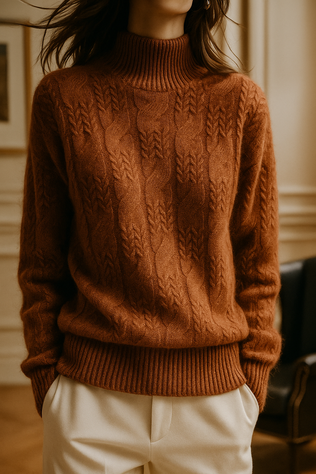 Women's Merino Wool Turtleneck Cable Knit Sweater Jumper Tops
