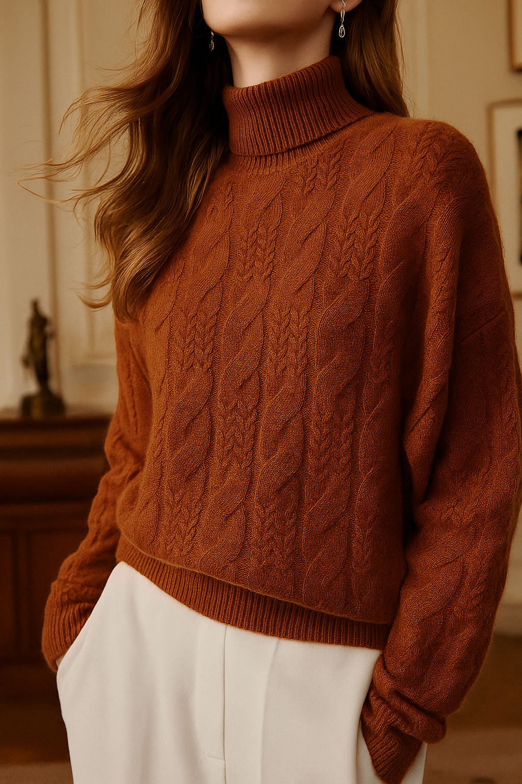 Women's Merino Wool Turtleneck Cable Knit Sweater Jumper Tops