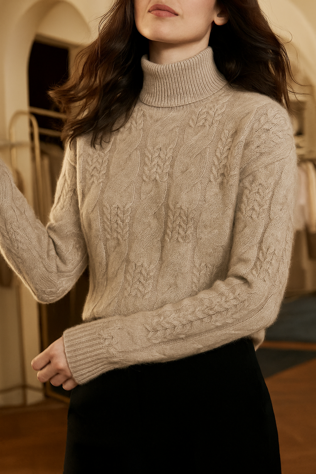 Women's Merino Wool Turtleneck Cable Knit Sweater Jumper Tops