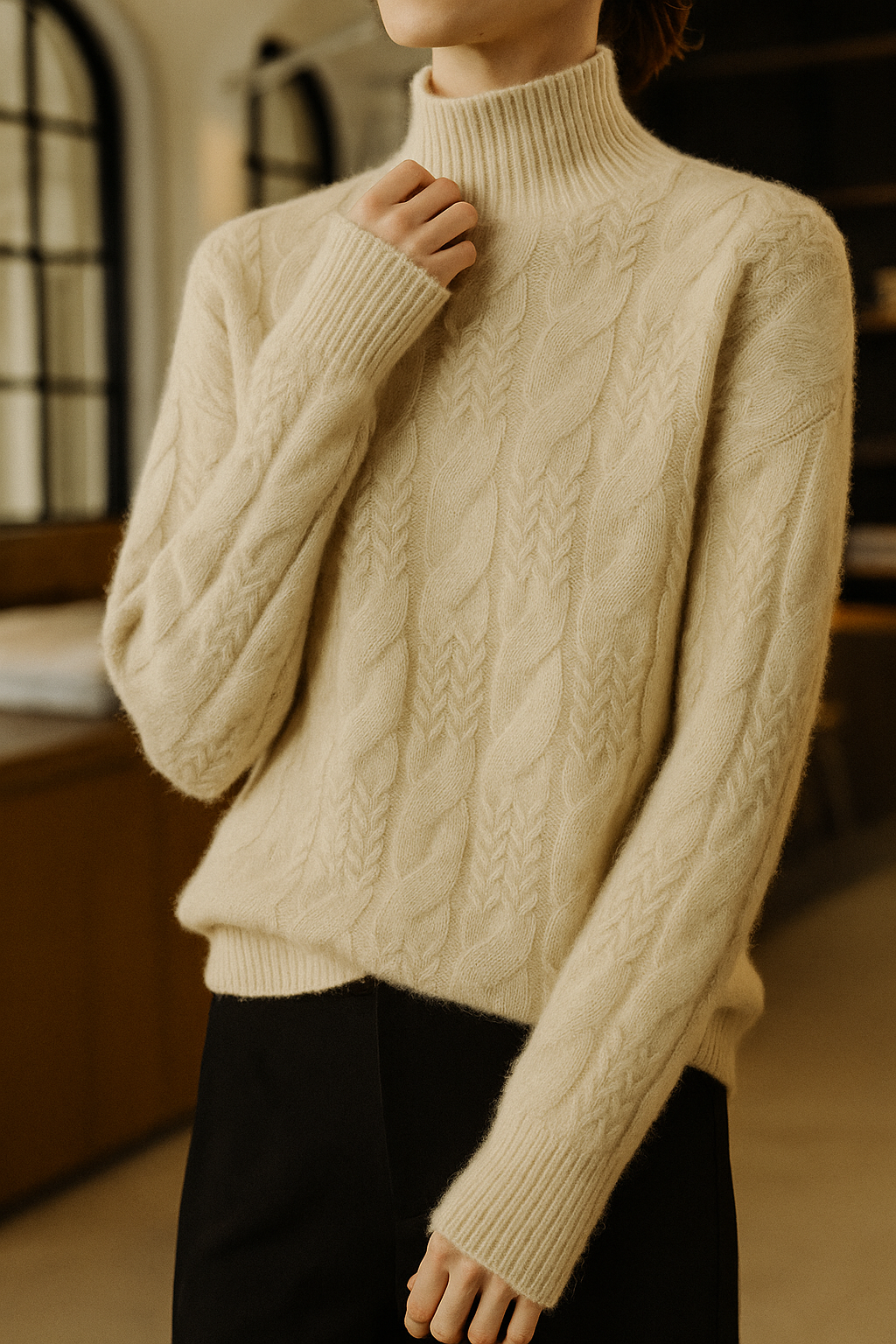 Women's Merino Wool Turtleneck Cable Knit Sweater Jumper Tops