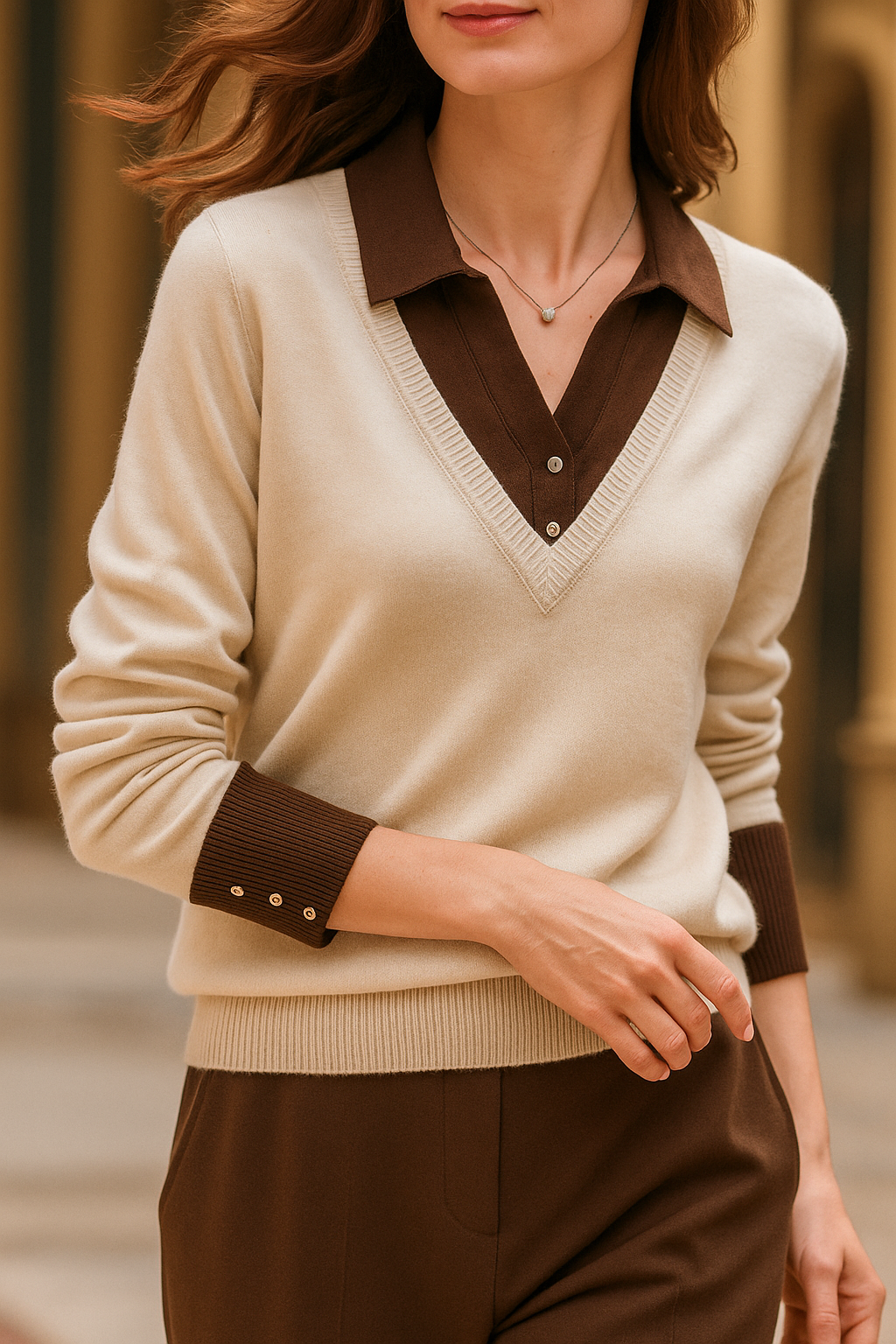 Women's Knit Sweater Collared V-Neck Pullover Top 