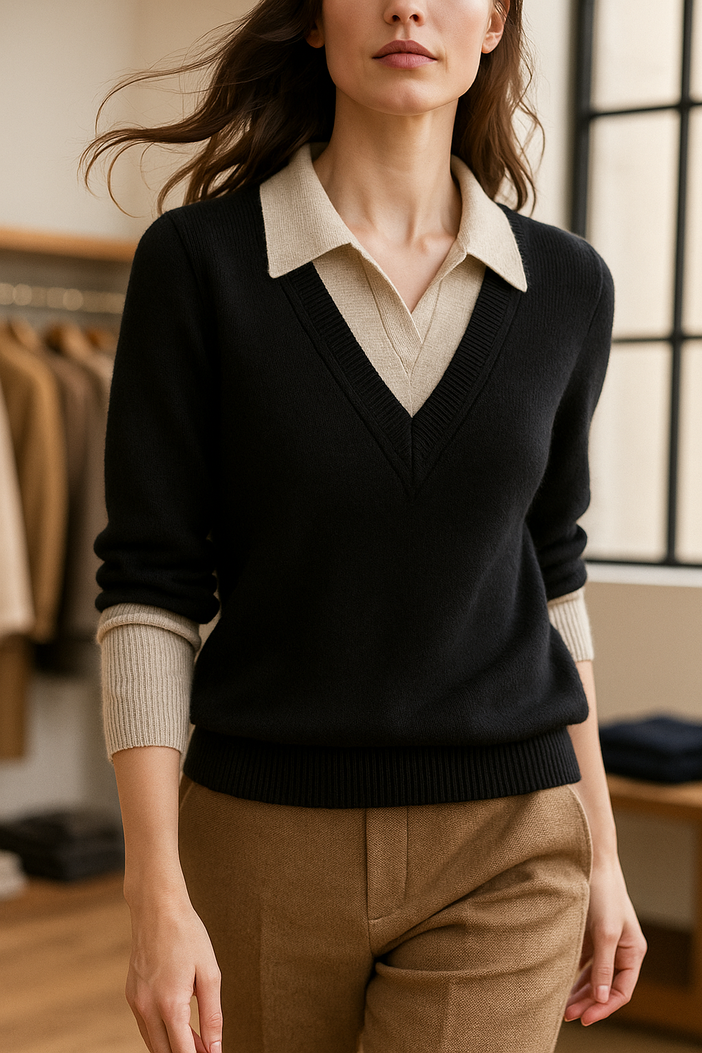 Women's Knit Sweater Collared V-Neck Pullover Top 