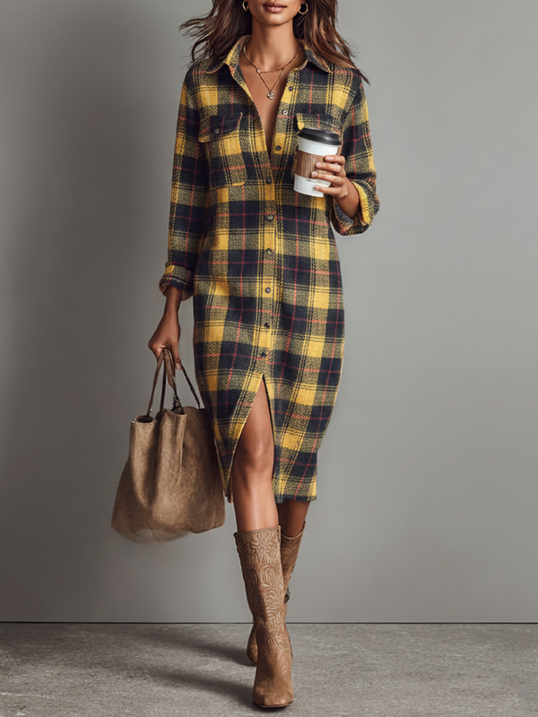 Flannel Plaid Shirt Dress for Women - Long Sleeve Midi