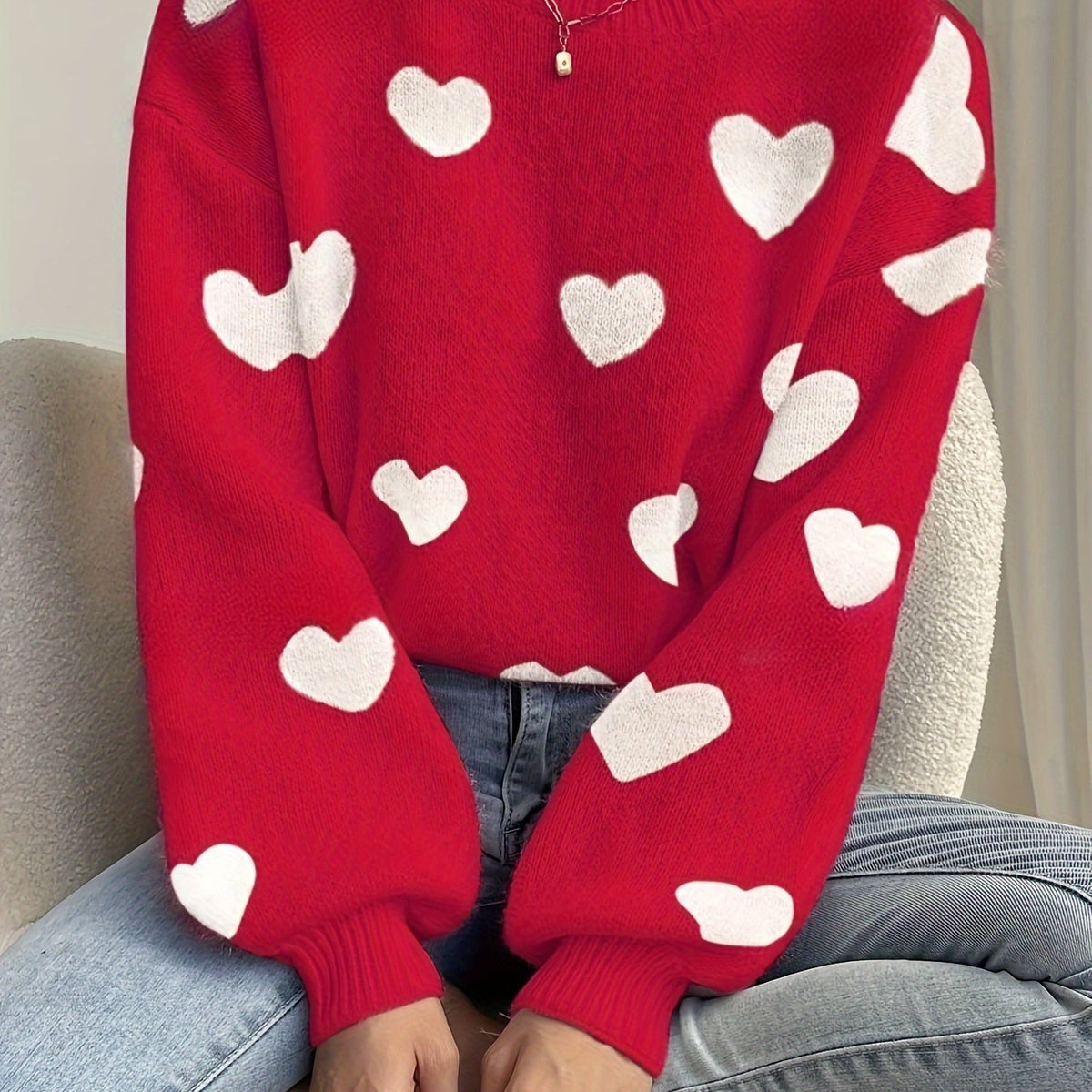 Women's Knit Sweater Heart Pattern Jumper Wool Mix Crew Neck Pullover