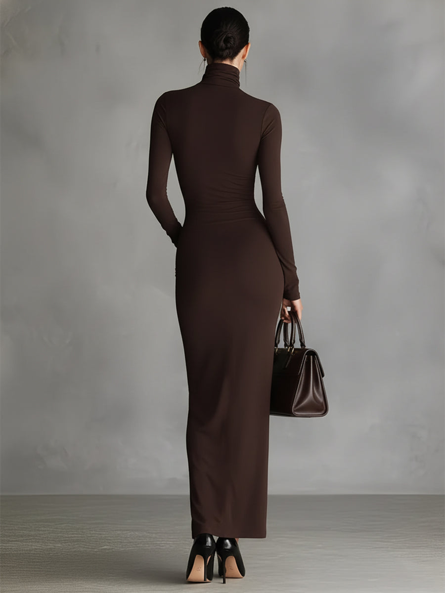 Turtleneck Bodycon Maxi Dress with Slit - Long Sleeve Brown