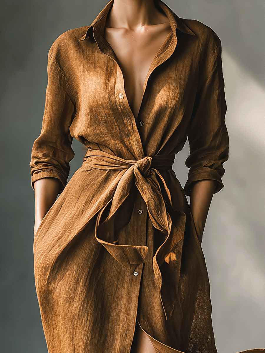 Maxi Shirt Dress for Women - Brown Long Sleeve Button Down