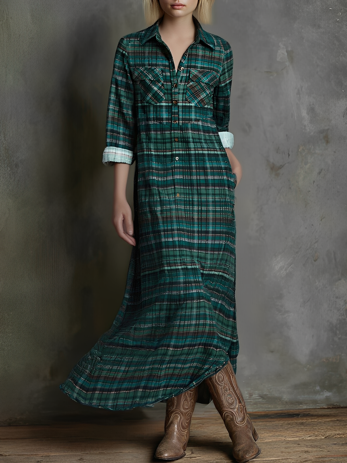 Plaid Shirt Maxi Dress Long Sleeve Relaxed Fit