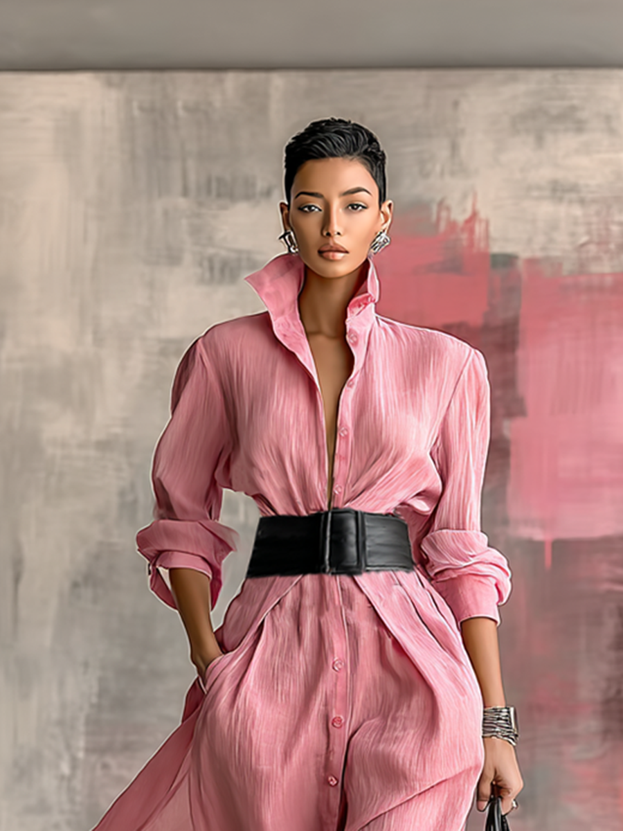 Maxi Shirt Dress with Belt - Long Sleeve Button Front Dress