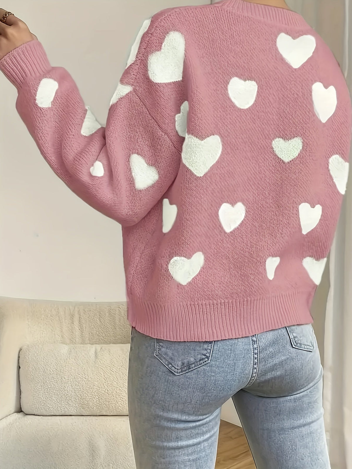 Women's Knit Sweater Heart Pattern Jumper Wool Mix Crew Neck Pullover