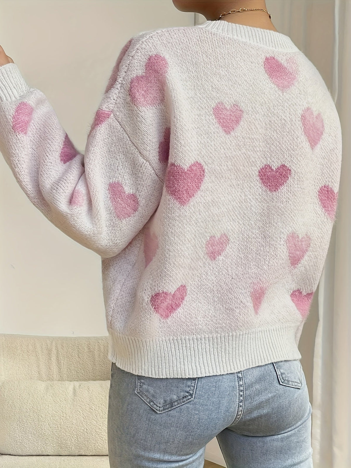 Women's Knit Sweater Heart Pattern Jumper Wool Mix Crew Neck Pullover