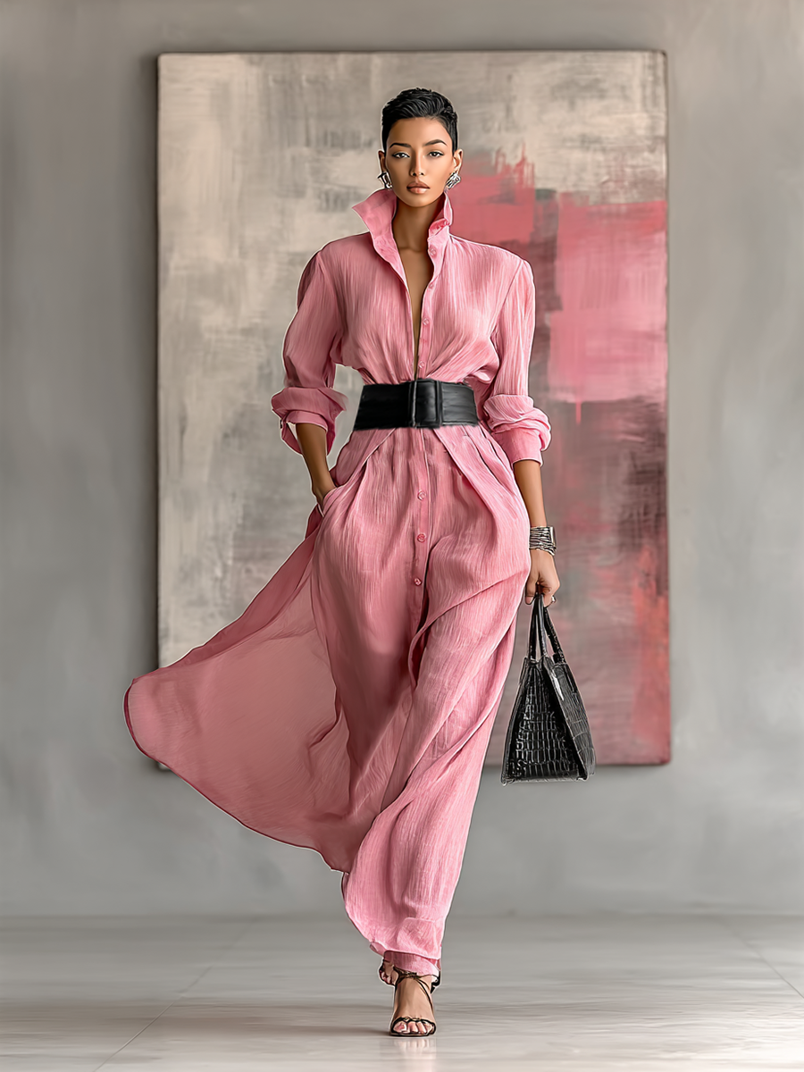 Maxi Shirt Dress with Belt - Long Sleeve Button Front Dress