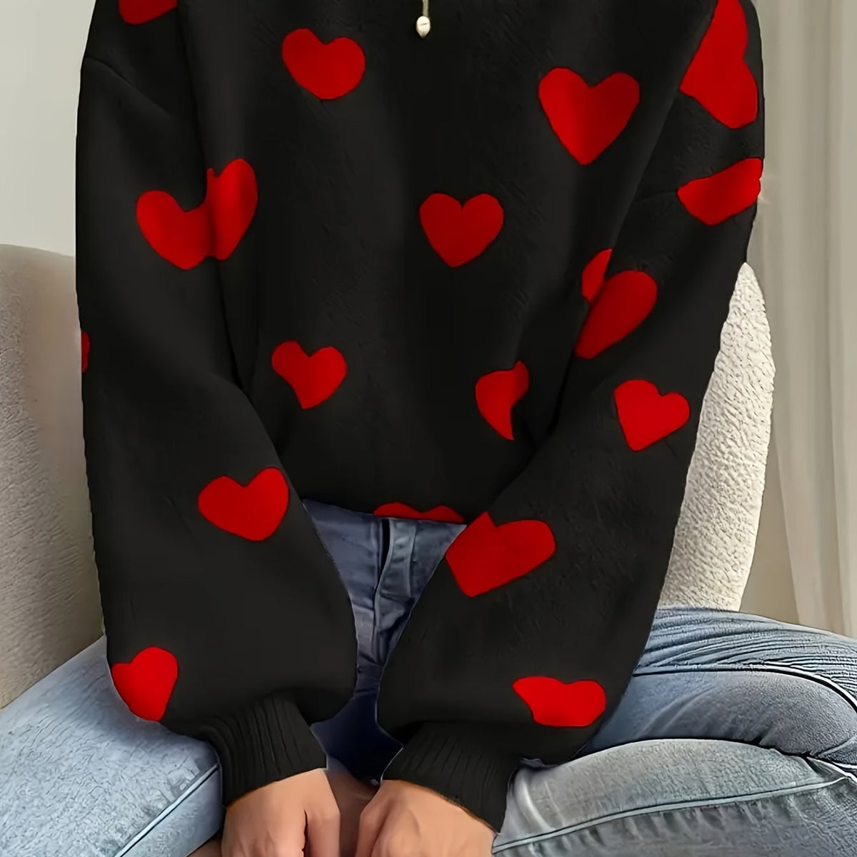 Women's Knit Sweater Heart Pattern Jumper Wool Mix Crew Neck Pullover