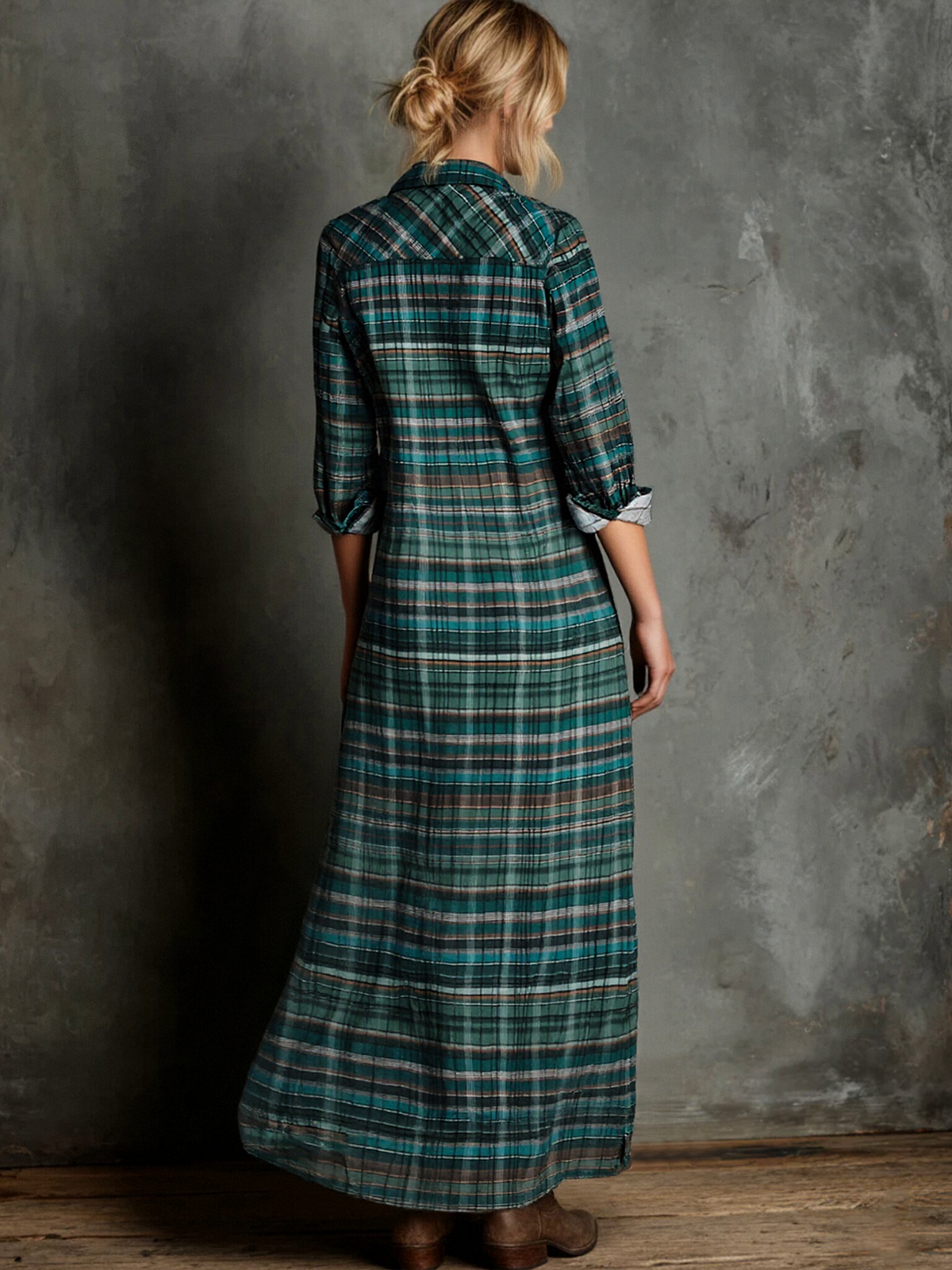 Plaid Shirt Maxi Dress Long Sleeve Relaxed Fit