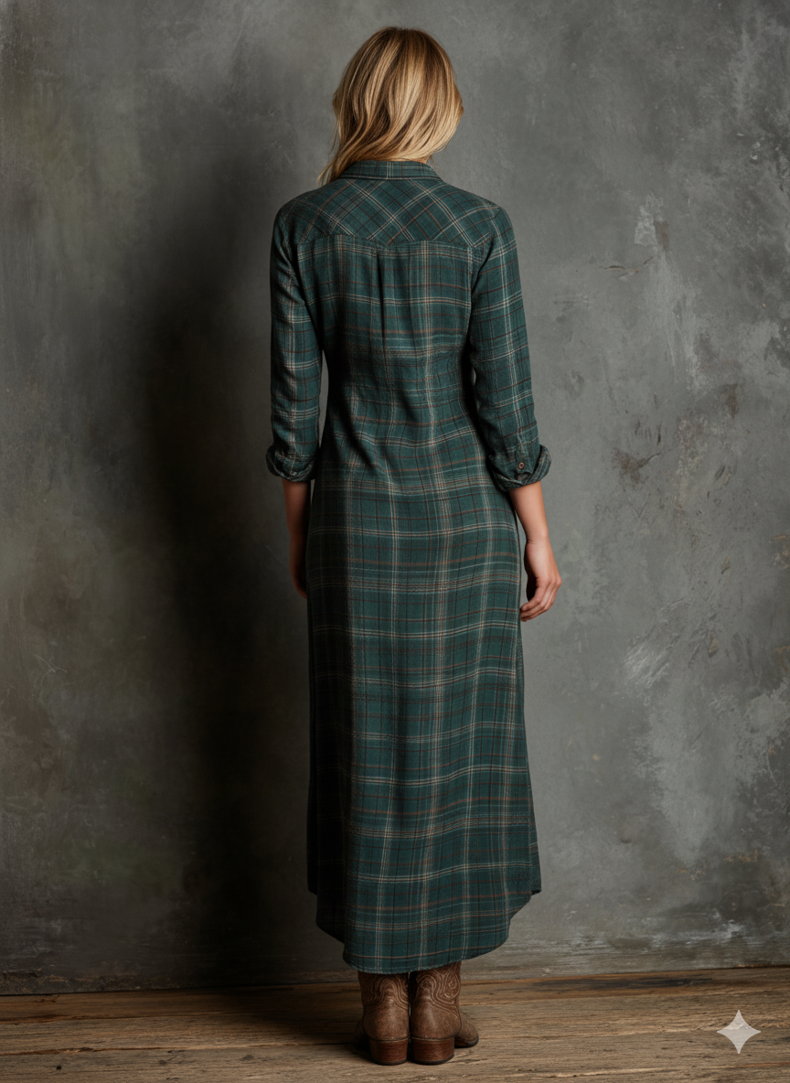 Plaid Shirt Dress Maxi Length Long Sleeve Button Front