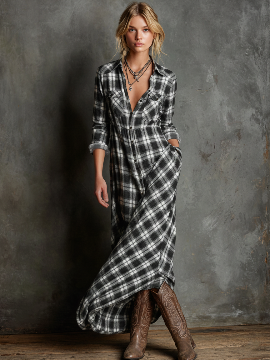 Plaid Shirt Dress Maxi Length Long Sleeve Button Front
