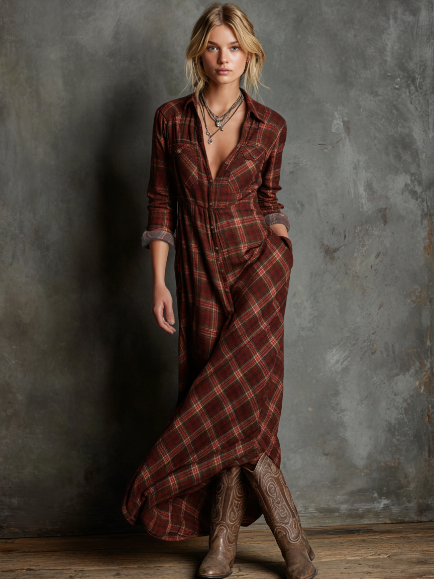 Plaid Shirt Dress Maxi Length Long Sleeve Button Front