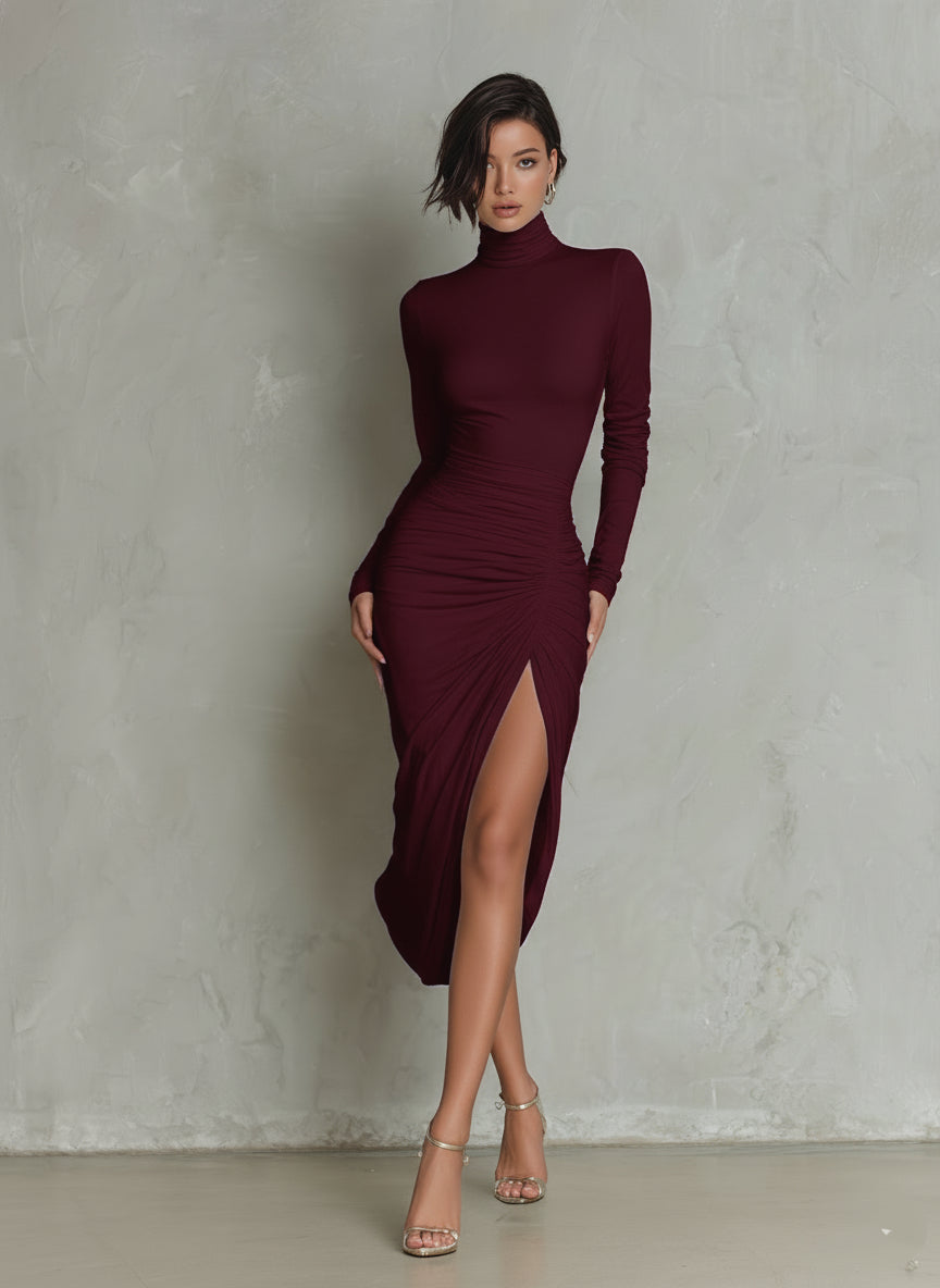 White Midi Dress with Long Sleeves and Ruched Waist