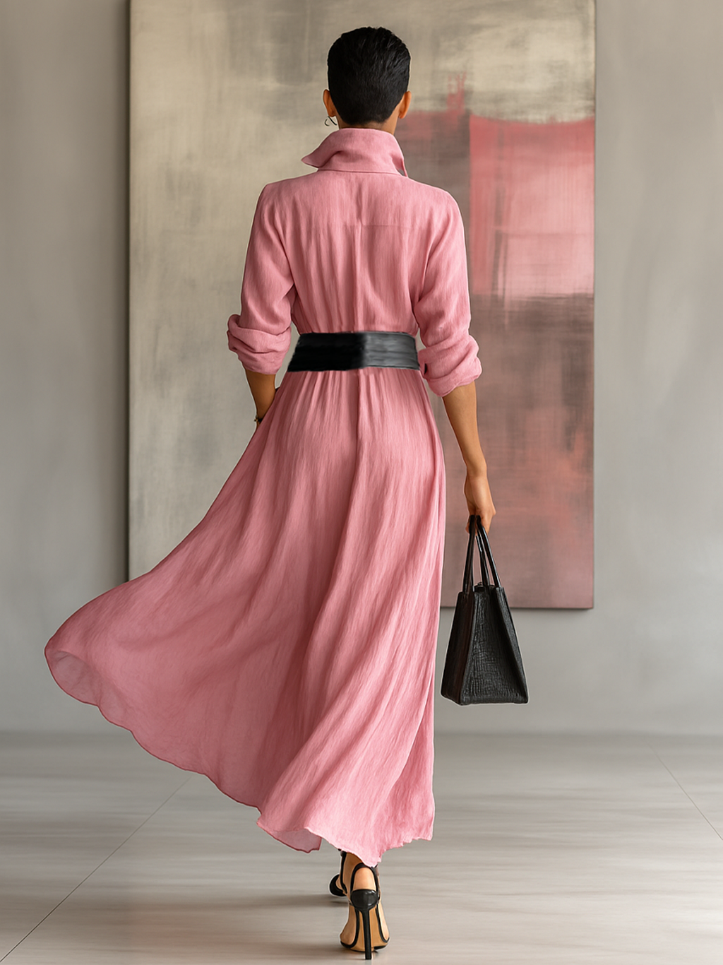 Maxi Shirt Dress with Belt - Long Sleeve Button Front Dress