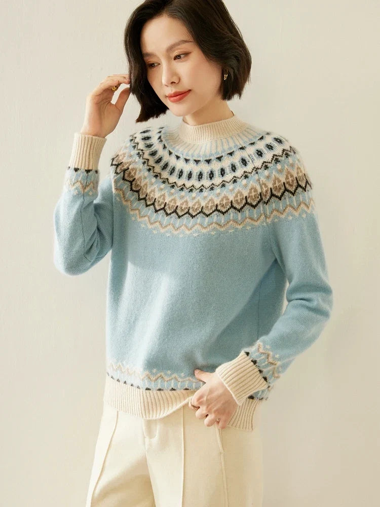 Women's Wool Knit Sweater Pullover Crewneck Fair Isle Knitwear