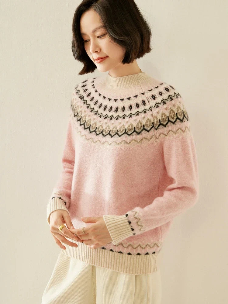 Women's Wool Knit Sweater Pullover Crewneck Fair Isle Knitwear