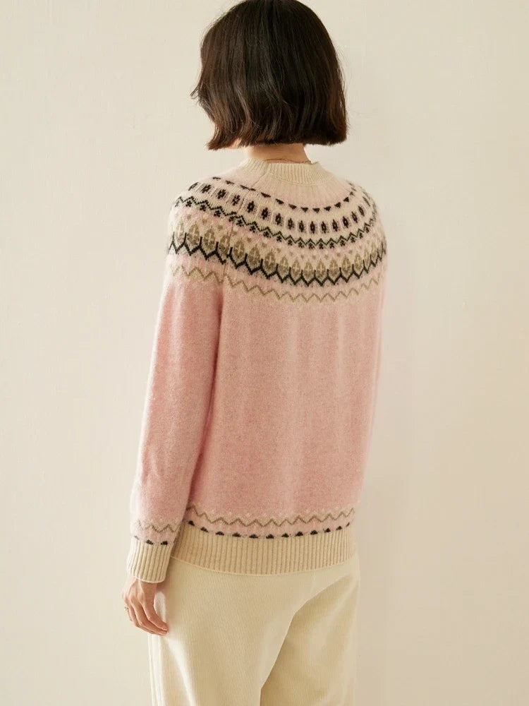 Women's Wool Knit Sweater Pullover Crewneck Fair Isle Knitwear