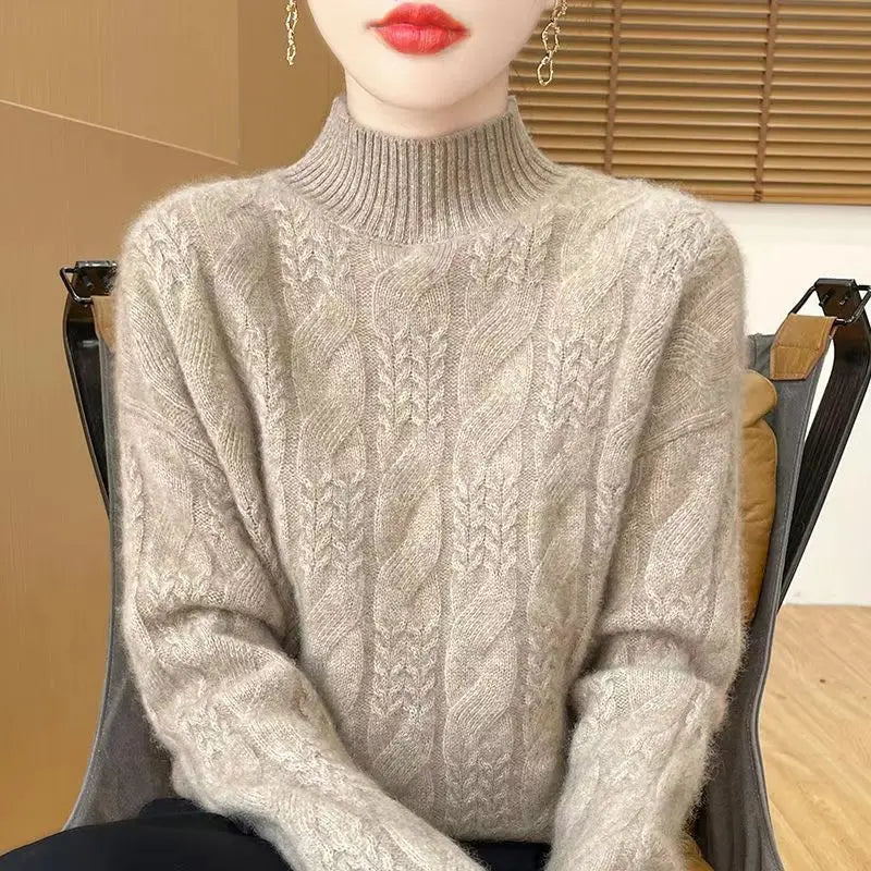 Women's Merino Wool Turtleneck Cable Knit Sweater Jumper Tops