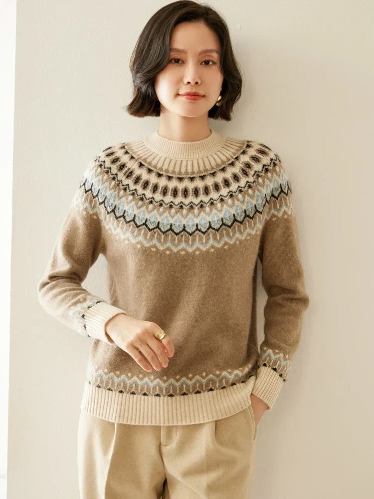 Women's Wool Knit Sweater Pullover Crewneck Fair Isle Knitwear