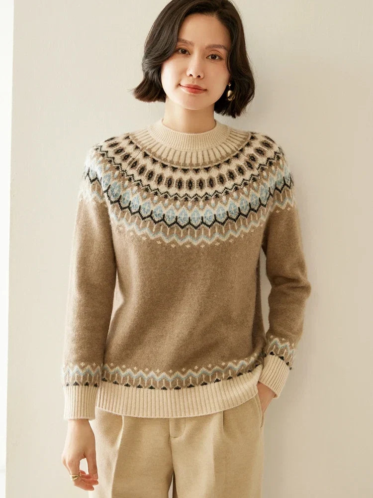 Women's Wool Knit Sweater Pullover Crewneck Fair Isle Knitwear