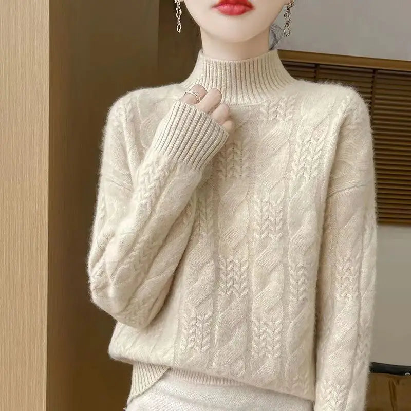 Women's Merino Wool Turtleneck Cable Knit Sweater Jumper Tops