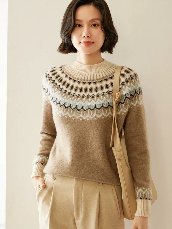 Women's Wool Knit Sweater Pullover Crewneck Fair Isle Knitwear