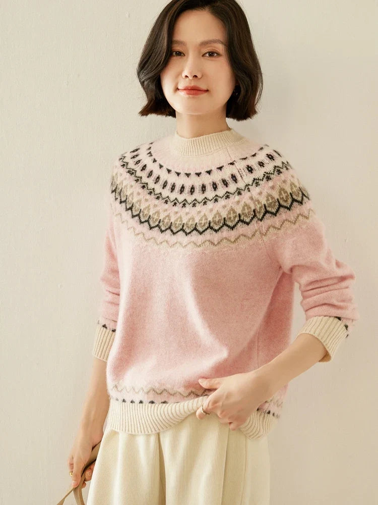 Women's Wool Knit Sweater Pullover Crewneck Fair Isle Knitwear