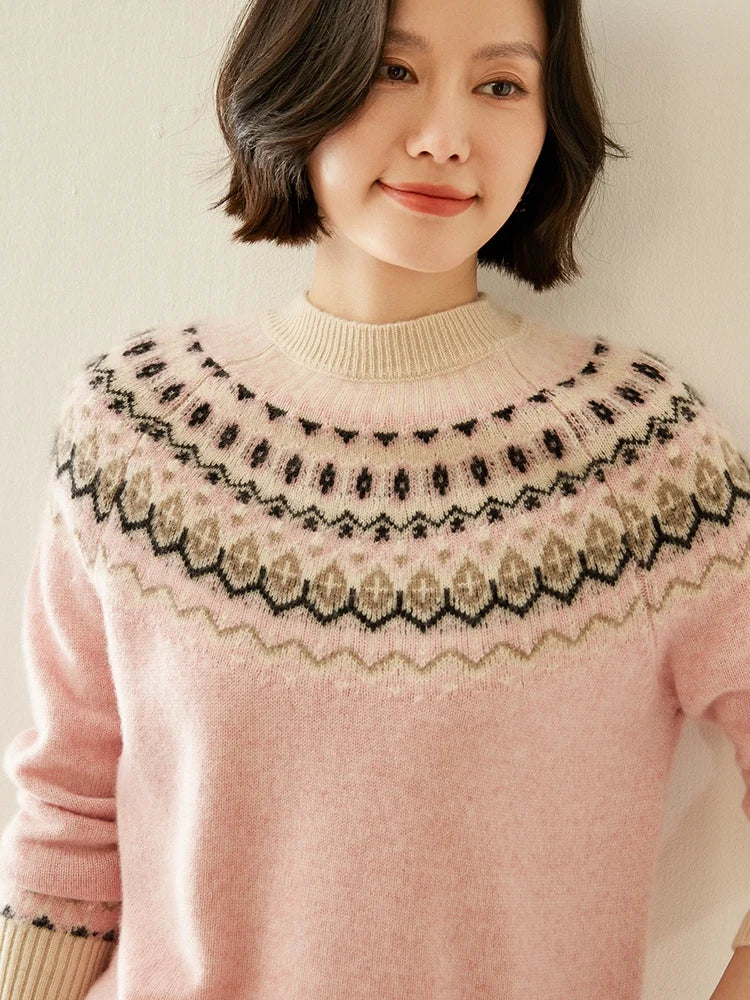 Women's Wool Knit Sweater Pullover Crewneck Fair Isle Knitwear