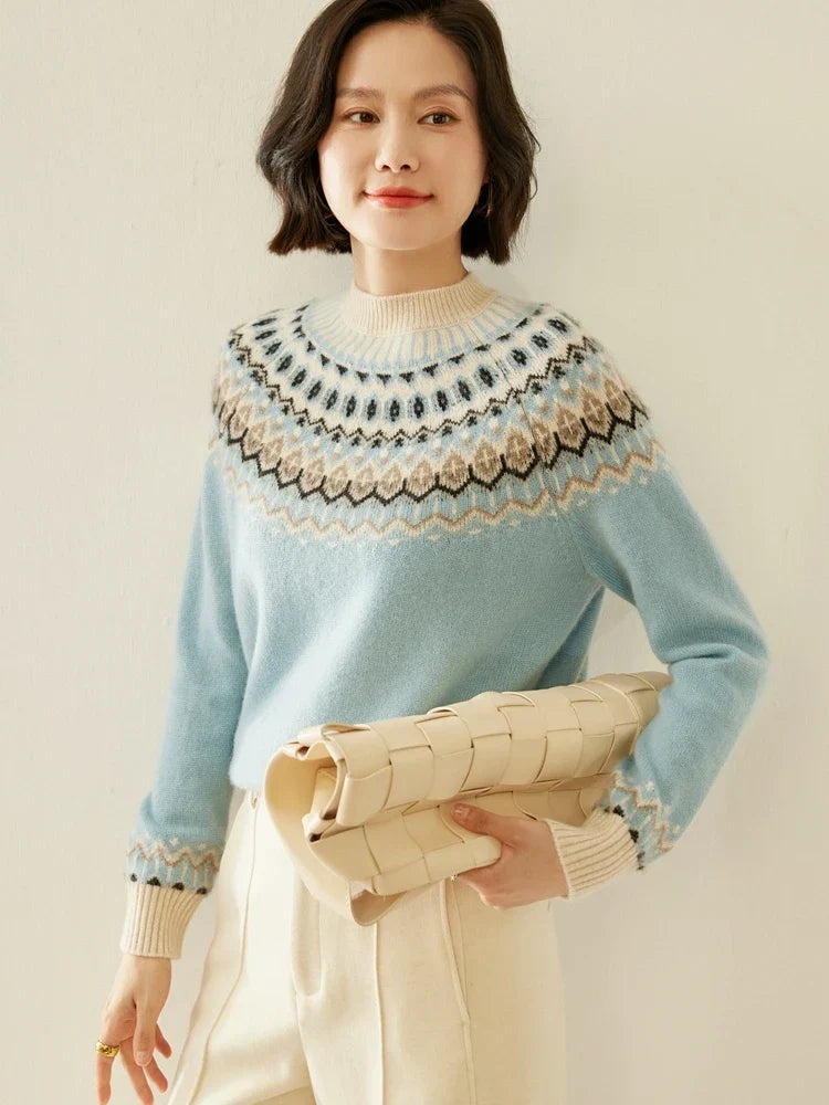 Women's Wool Knit Sweater Pullover Crewneck Fair Isle Knitwear