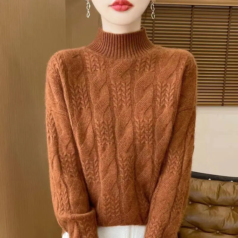 Women's Merino Wool Turtleneck Cable Knit Sweater Jumper Tops
