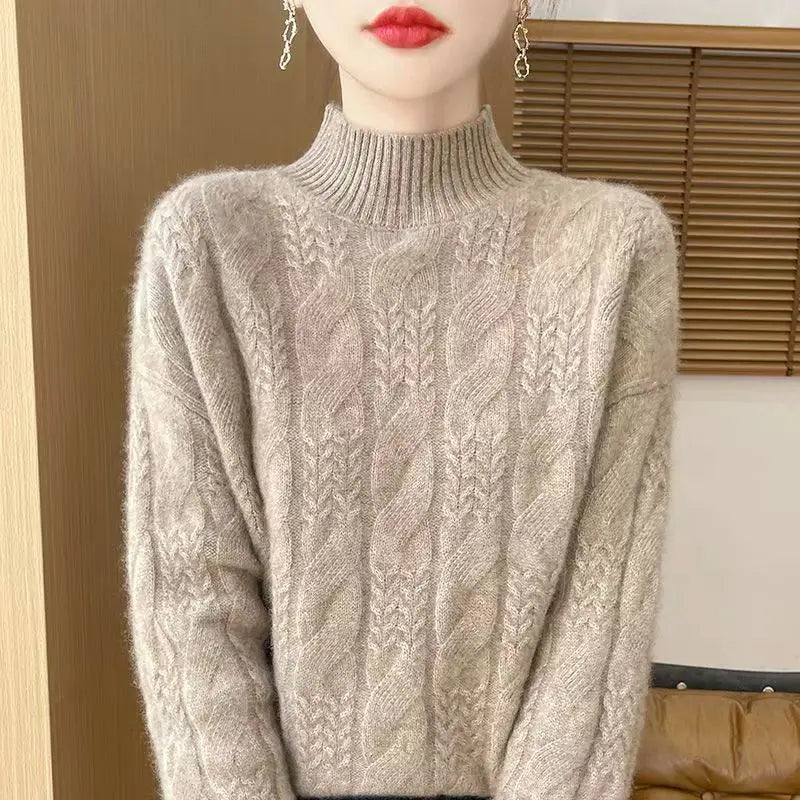 Women's Merino Wool Turtleneck Cable Knit Sweater Jumper Tops