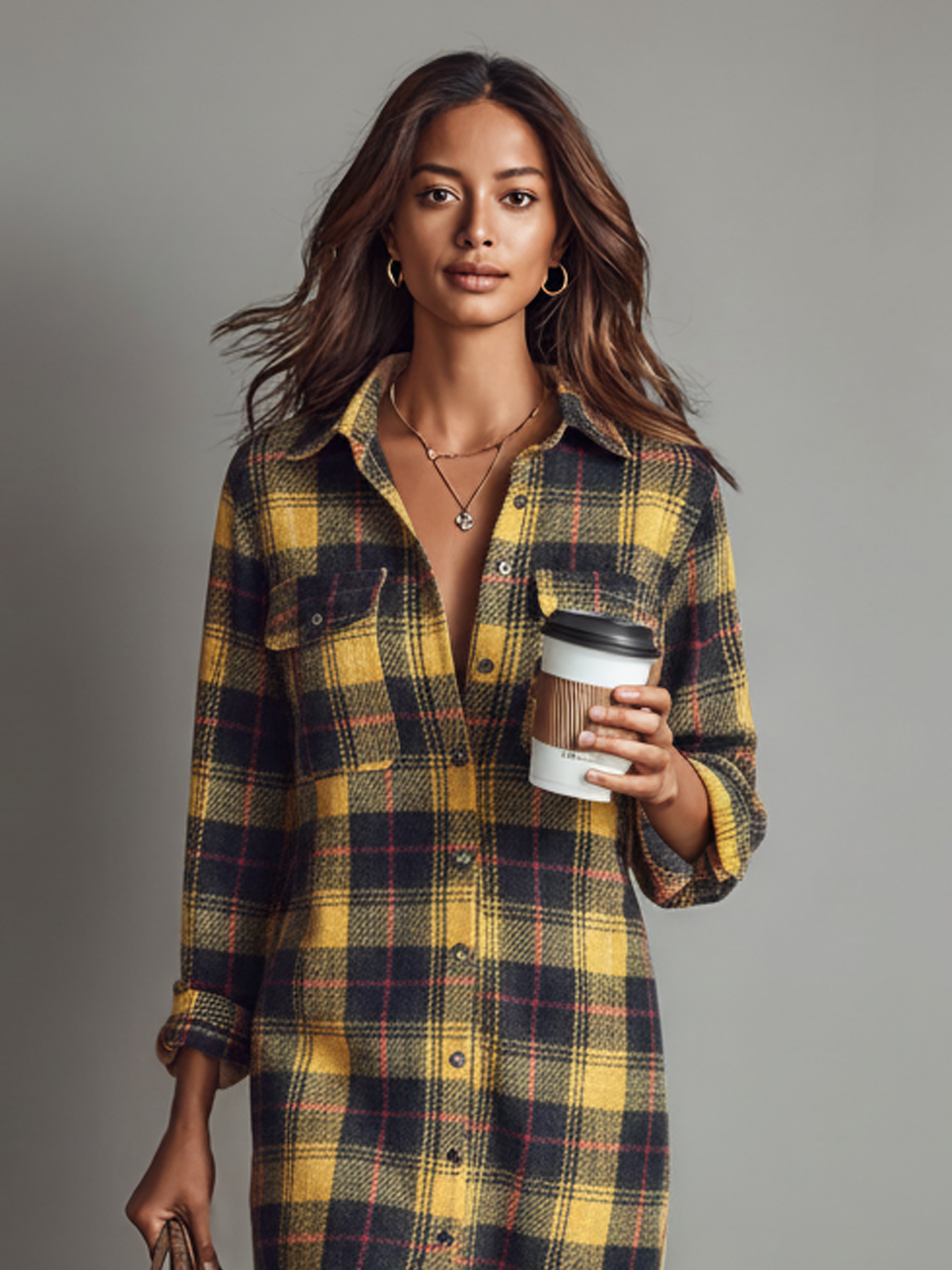 Flannel Plaid Shirt Dress for Women - Long Sleeve Midi