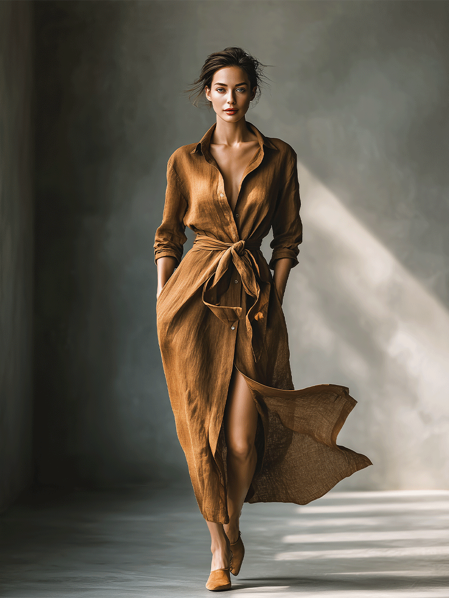 Maxi Shirt Dress for Women - Brown Long Sleeve Button Down