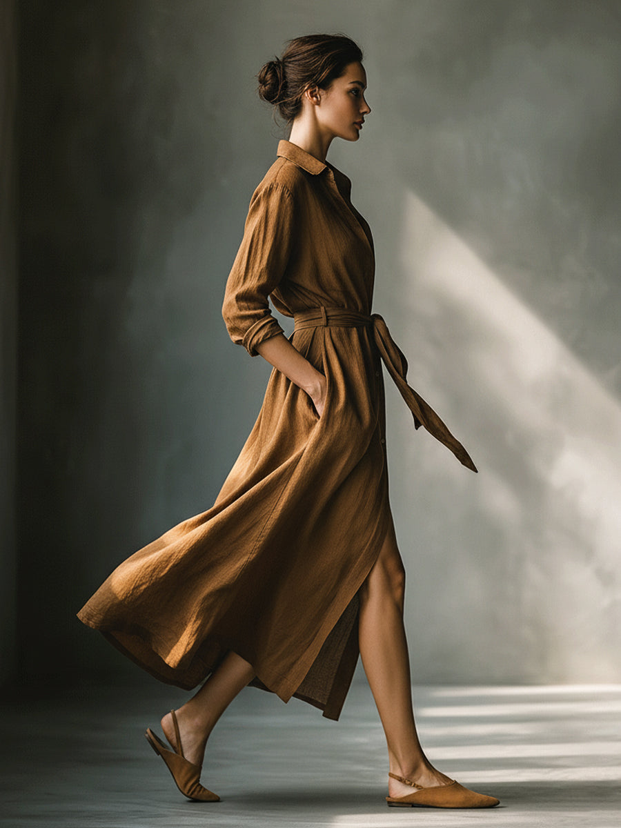 Maxi Shirt Dress for Women - Brown Long Sleeve Button Down