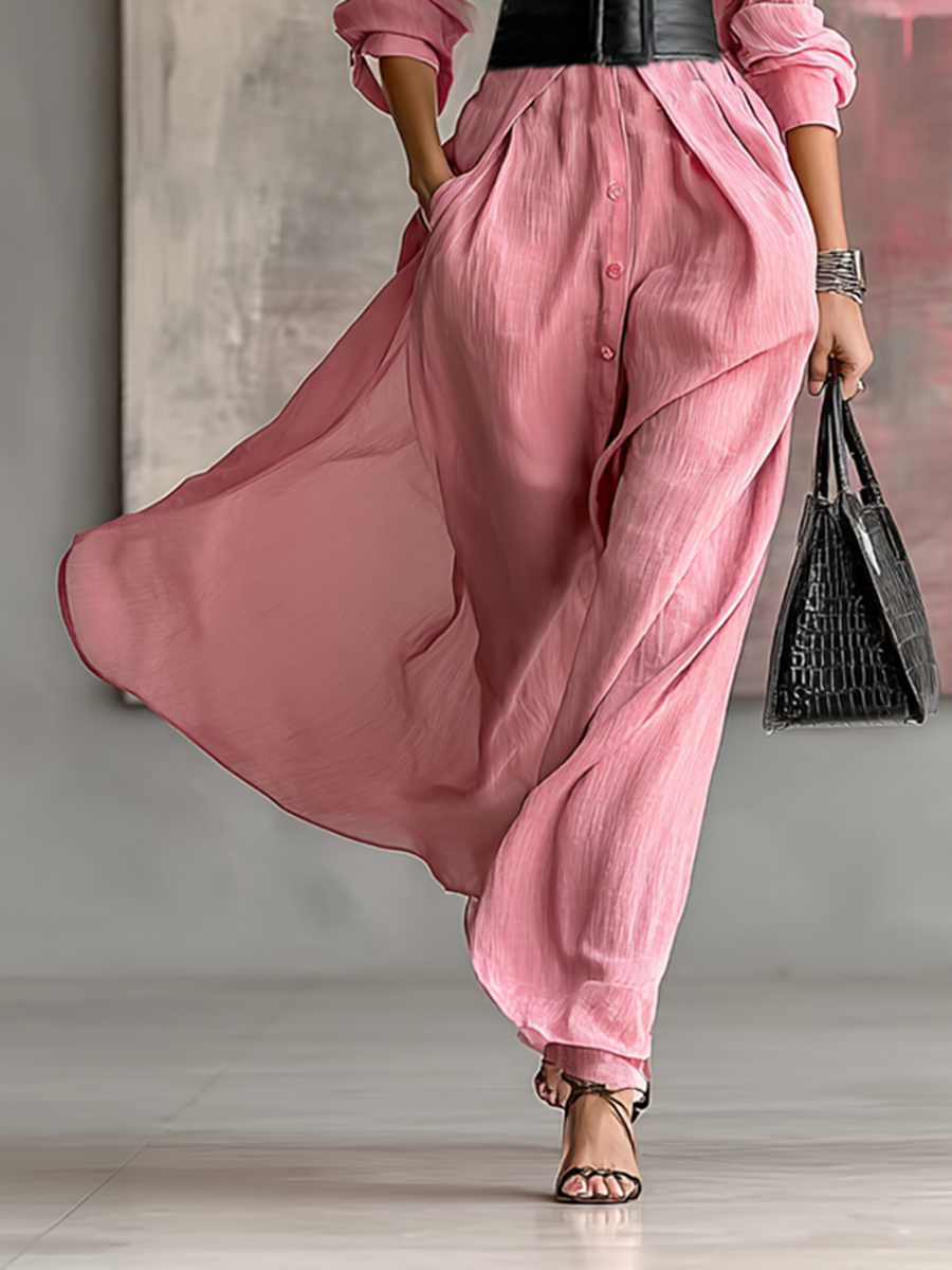 Maxi Shirt Dress with Belt - Long Sleeve Button Front Dress